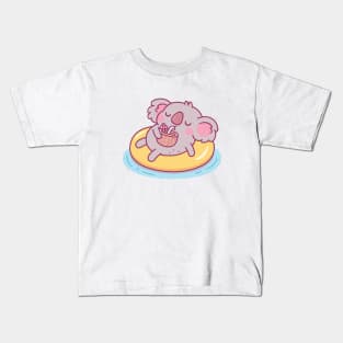 Cute Koala Chilling On Pool Float And Drinking Coconut Water Kids T-Shirt